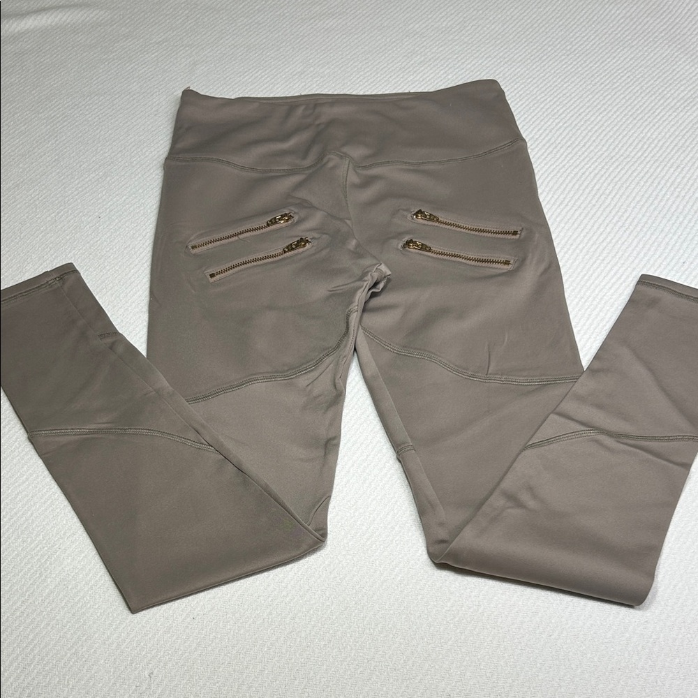 Varley Taupe High-Waist Leggings with Gold Zippers